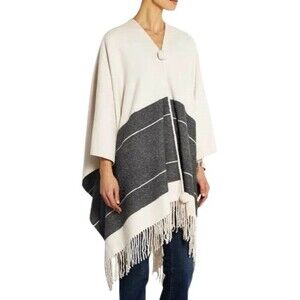 By Malene Birger Sinadis Wool Poncho Ivory Grey Stripes Fringe Colorblock Size S